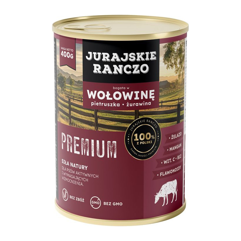 Jurajskie ranczo karma dla psów PREMIUM. Wołowina z pietruszką i żurawiną 400g