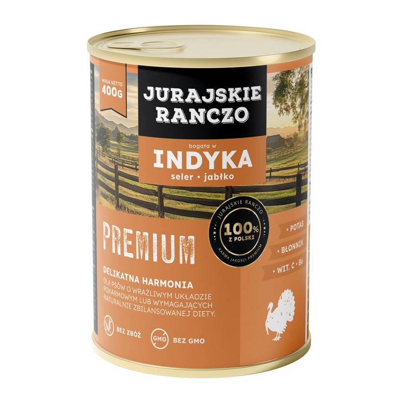 Jurajskie ranczo karma dla psów PREMIUM. Indyk z selerem i jabłkiem. 400g