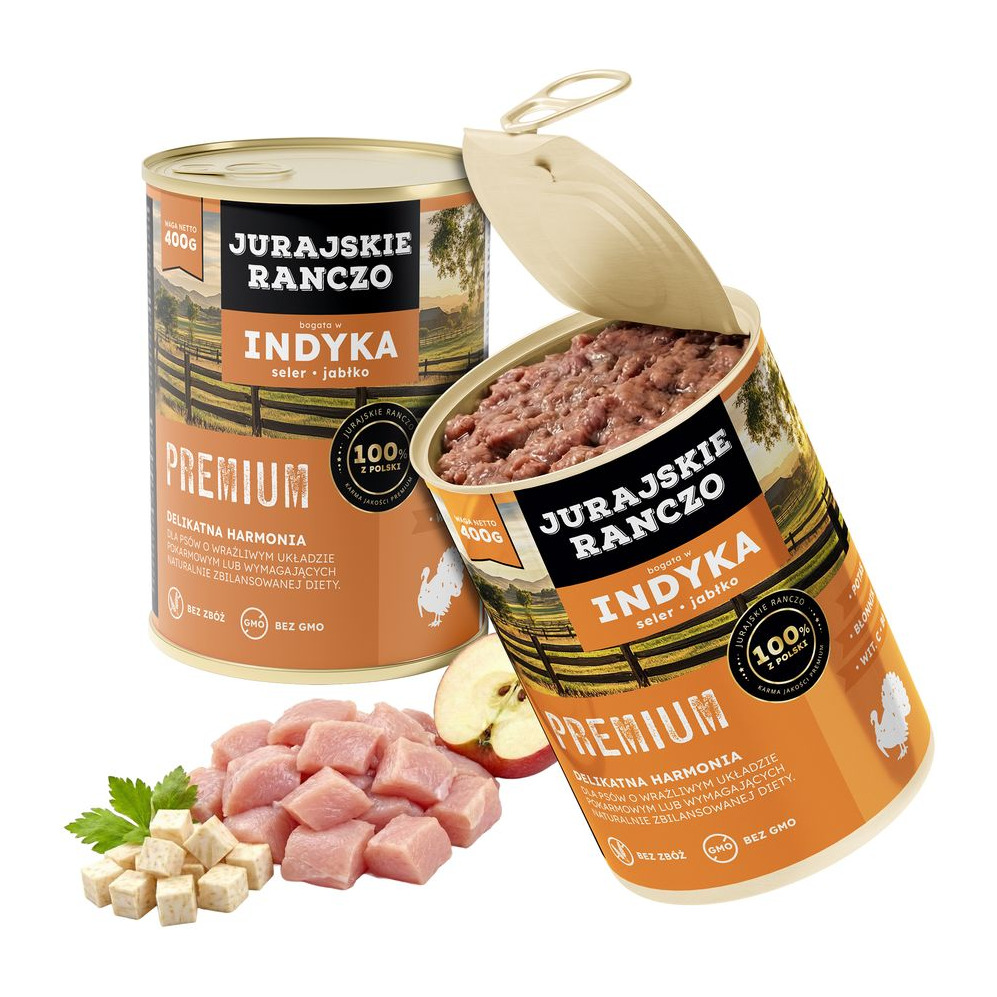 Jurajskie ranczo karma dla psów PREMIUM. Indyk z selerem i jabłkiem. 400g